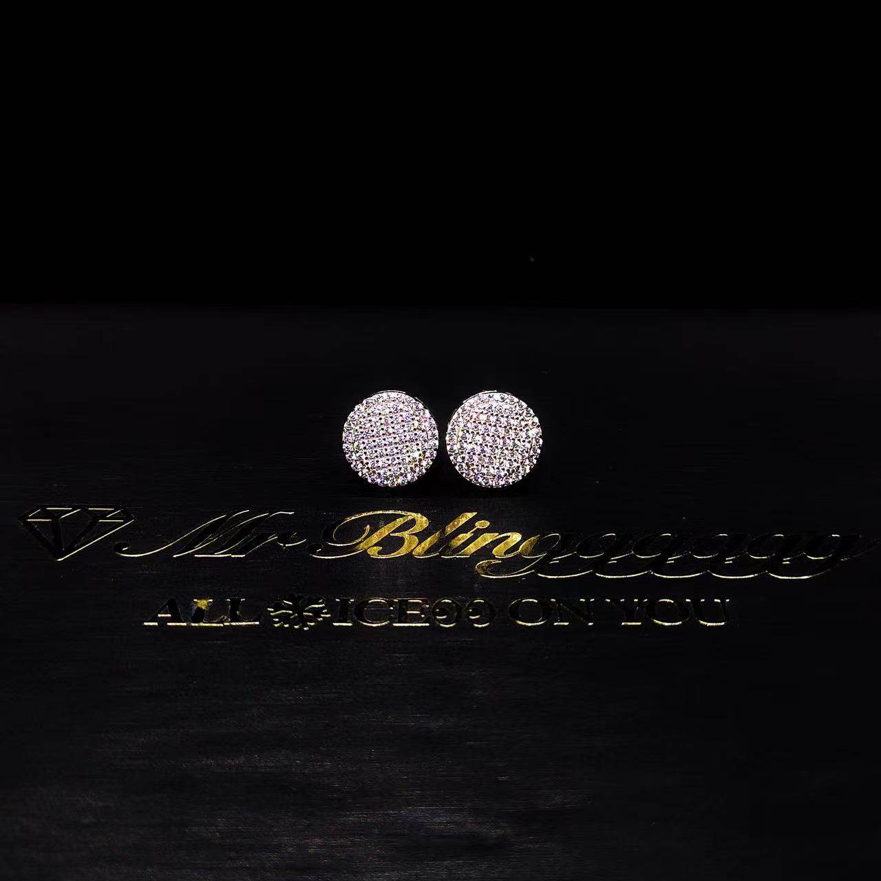 Mr.Blingggggg European and American hip-hop jewelry S925 sterling silver full diamond double-layer round cake couple style versatile earrings