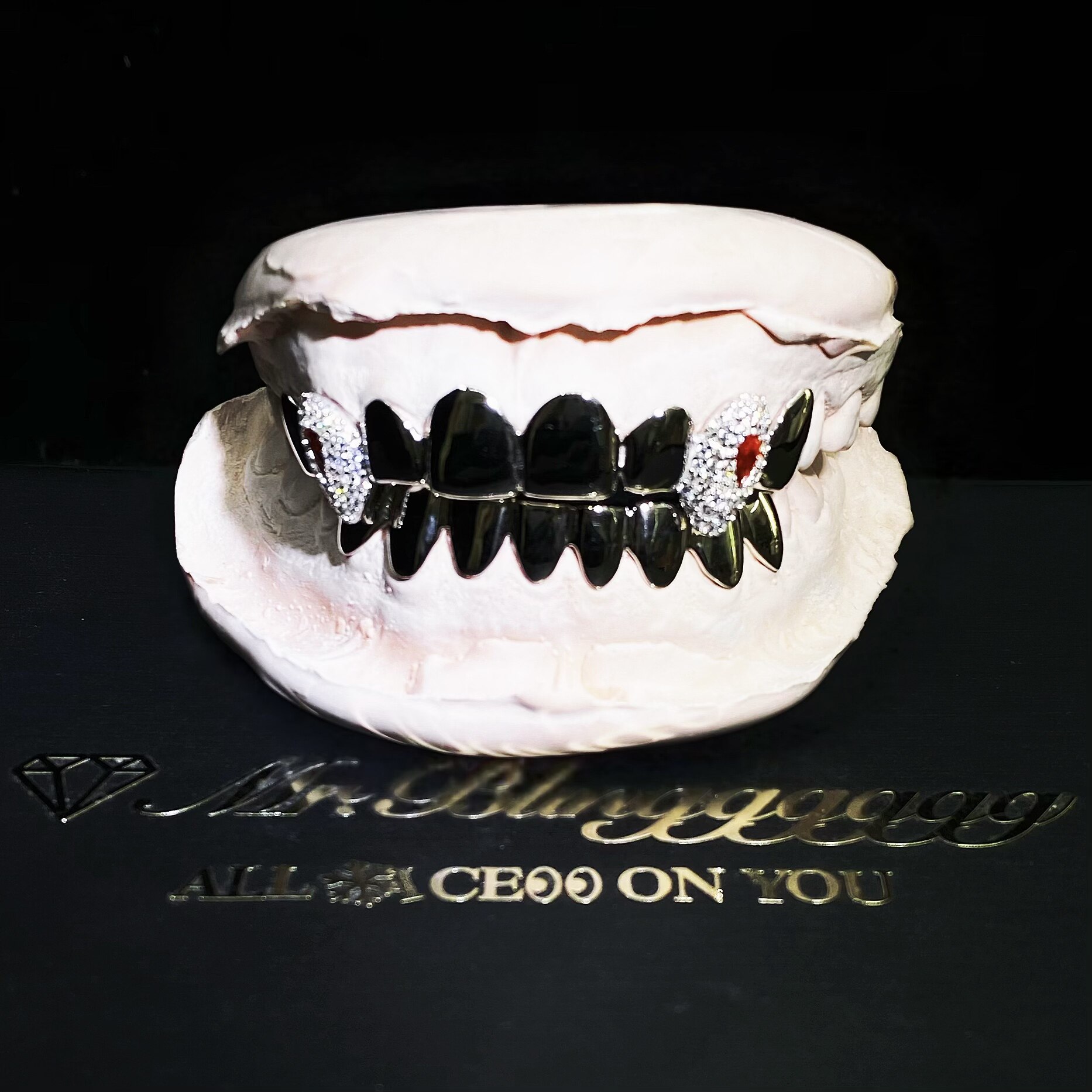 Mr.Blingggggg European and American hip-hop jewelry customized S925 silver fangs inlaid with red water drop diamonds Grillz