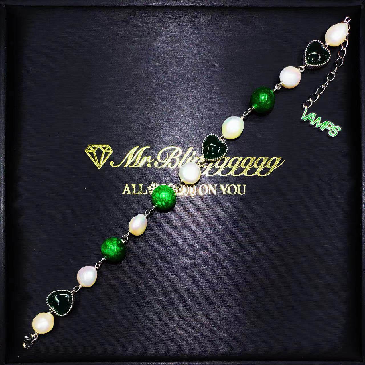 Mr.Blingggggg European and American hip-hop jewelry customized S925 silver pearl emerald jade splicing handpiece