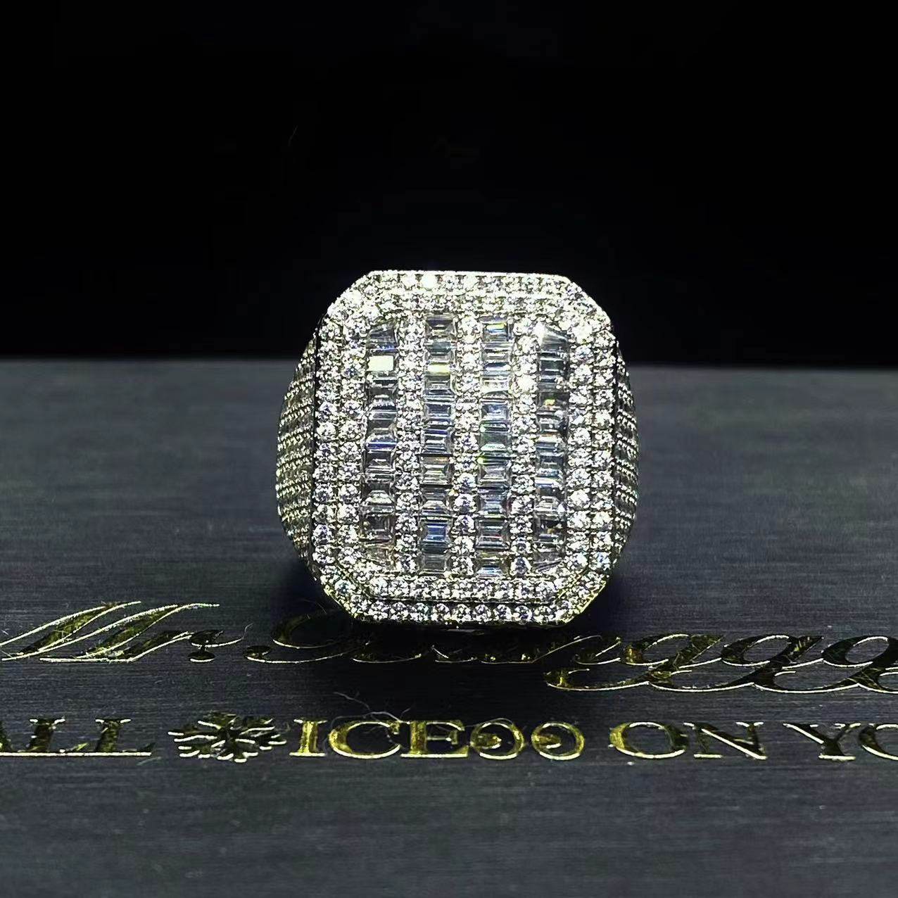 Mr.Blingggggg European and American hip-hop jewelry ins same style mixed inlay baguette diamond full diamond large ring