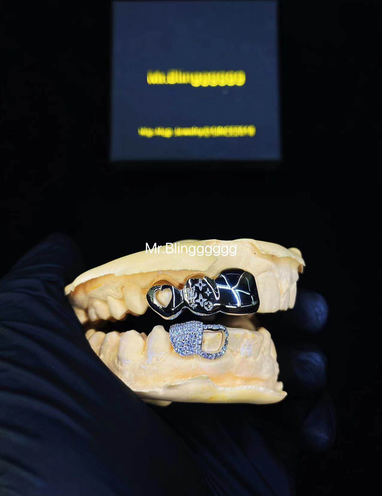 Mr.Blingggggg European and American hip-hop jewelry S925 silver frame love presbyopia carved diamond braces customization