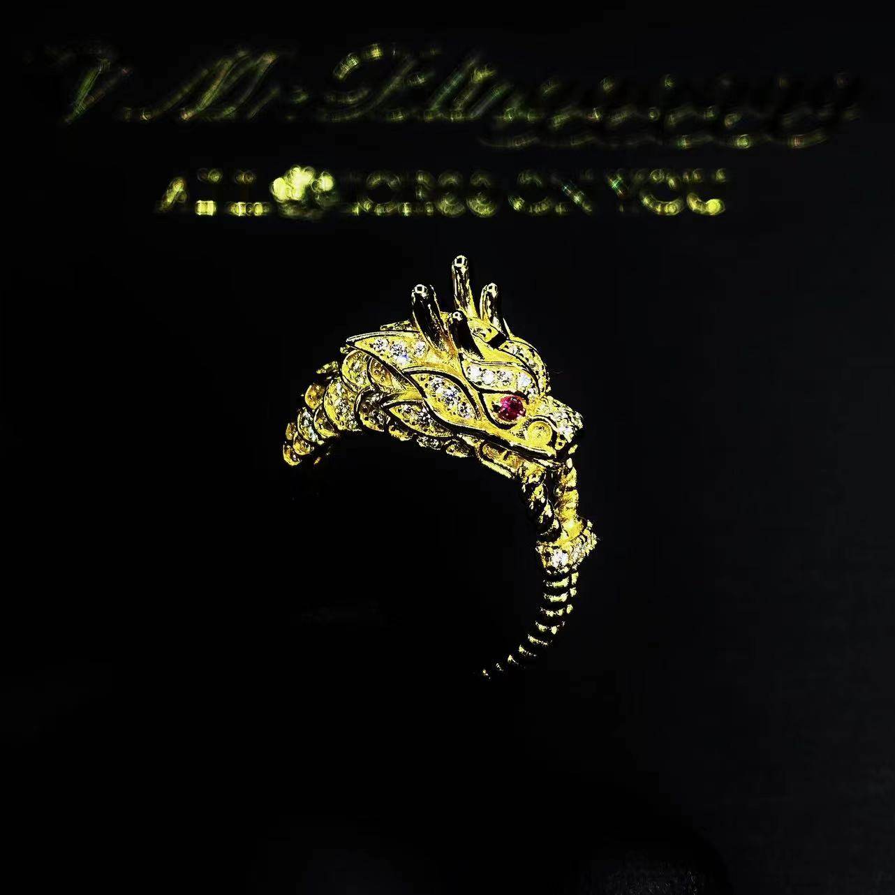 Mr.Blingggggg European and American hip-hop jewelry 925 silver full diamond Chinese style Year of the Dragon red eye gold dragon ring