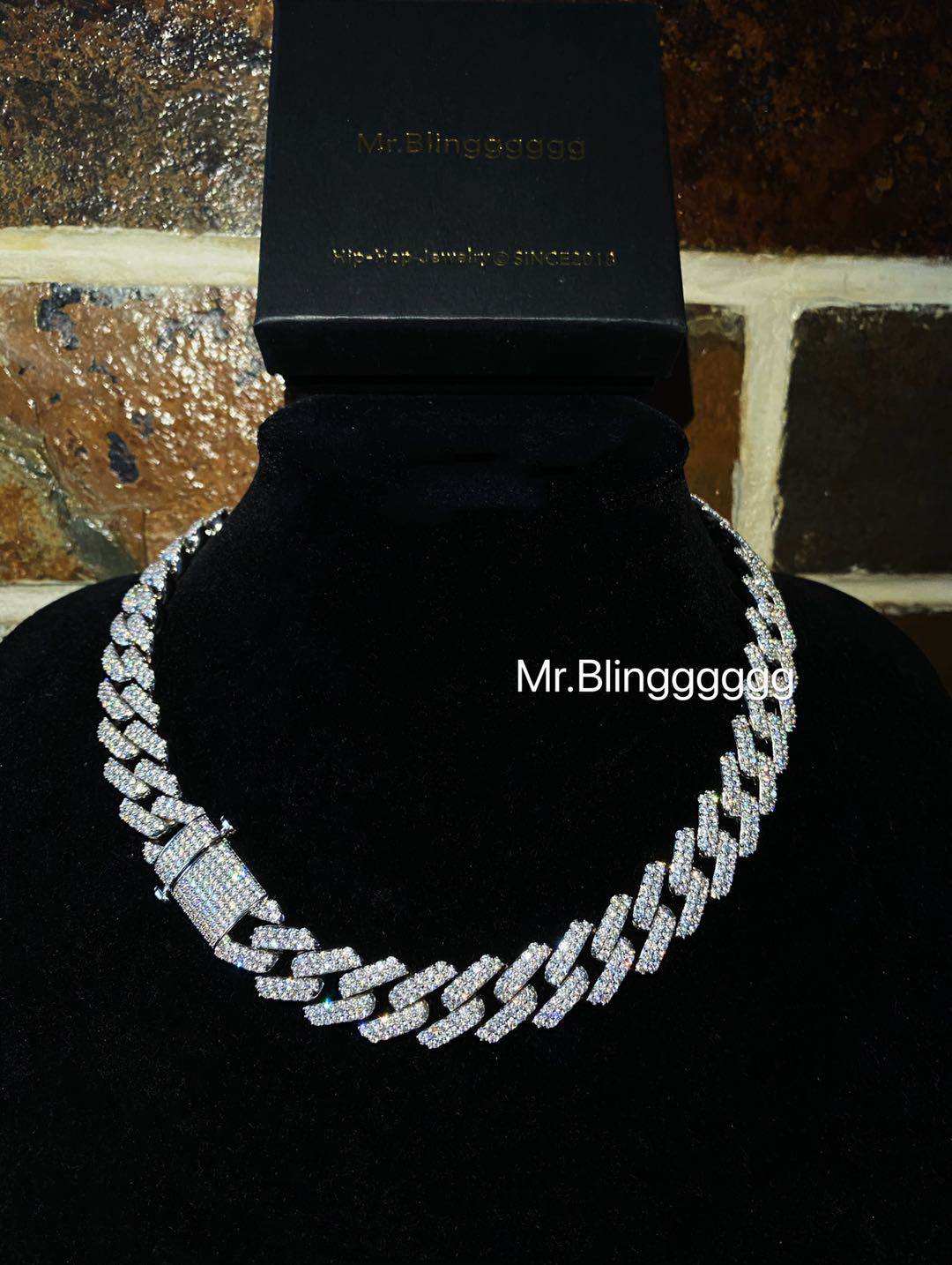 Mr.Blingggggg European and American hip-hop jewelry 15mm full diamond one-click unlock buckle diamond-shaped Cuban necklace