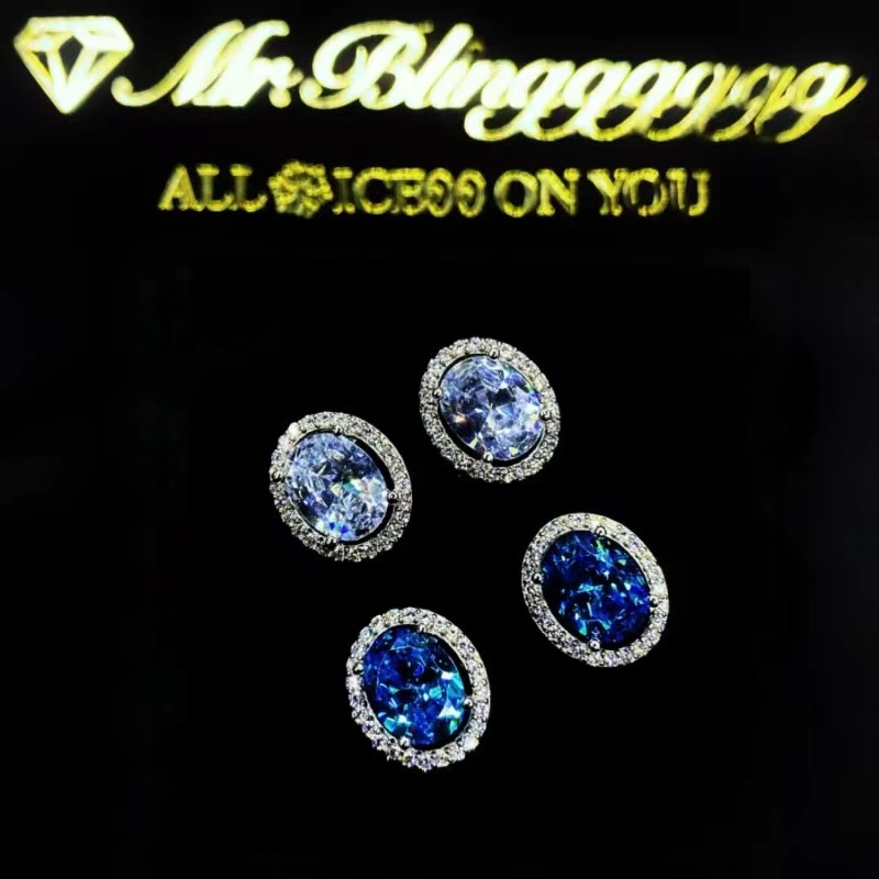 Mr.Blingggggg European and American hip-hop jewelry S925 silver large group set oval rock candy white blue earrings