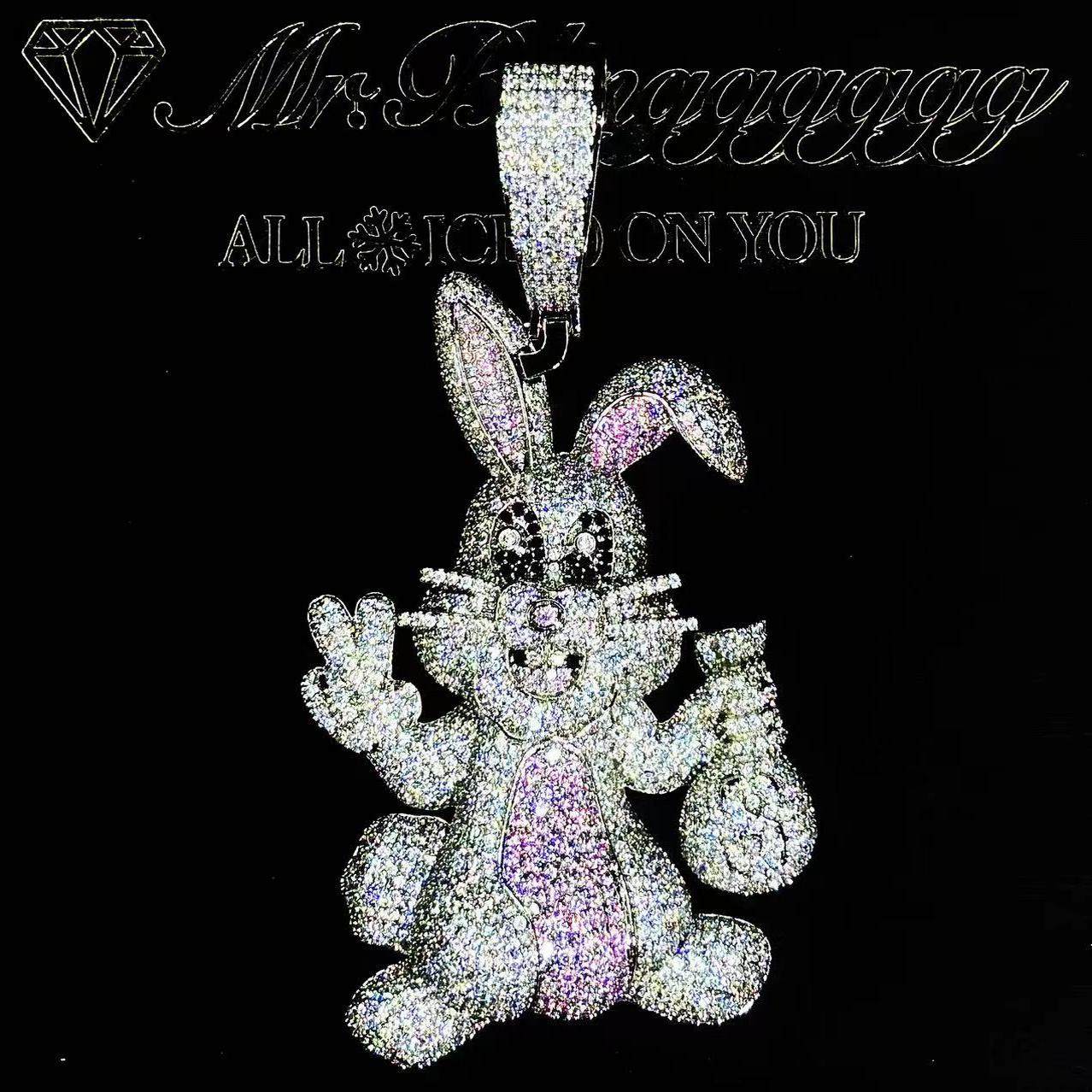 Mr.Blingggggg European and American hip-hop jewelry New Jeans style full diamond pink and white rabbit pendant