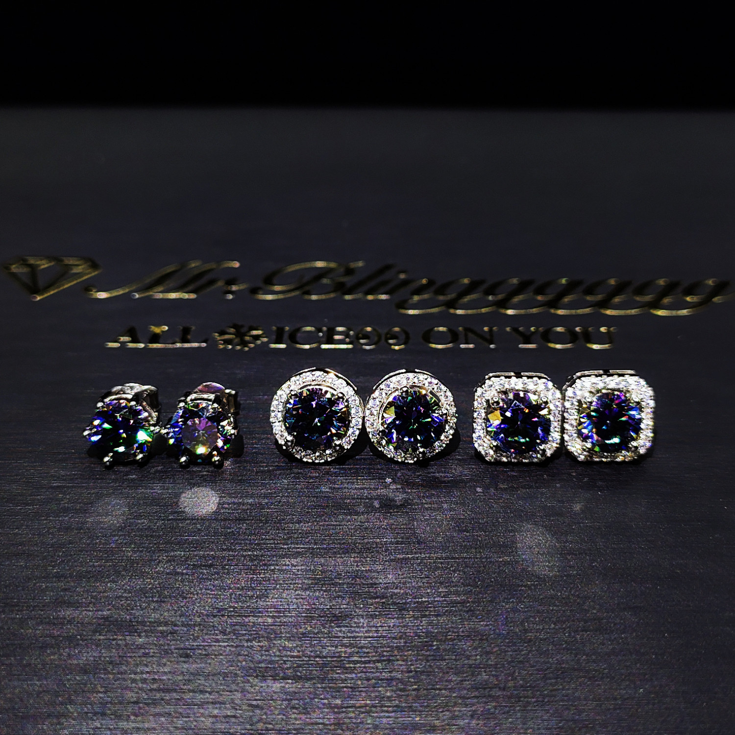 Mr.Blingggggg European and American hip-hop jewelry S925 silver inlaid with 1 carat colorful laser moissanite earrings