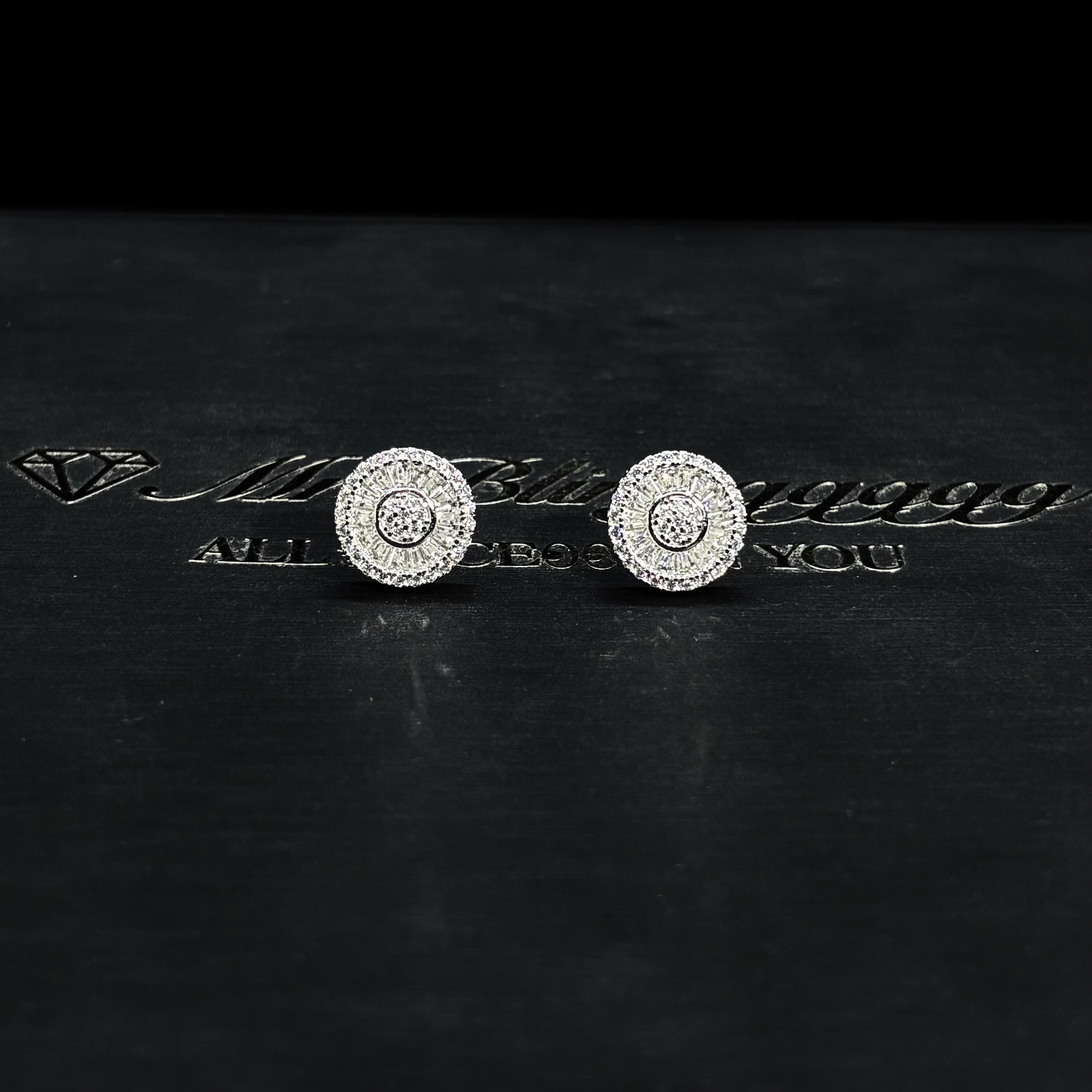 Mr.Blingggggg European and American hip-hop jewelry S925 silver moissanite mixed with baguette diamond 12mm round cake earrings