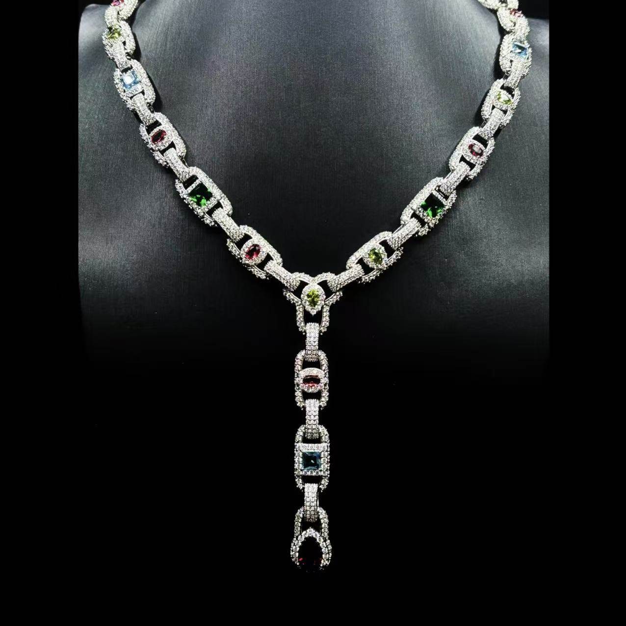 Mr.Blingggggg European and American hip-hop jewelry full of diamonds and colored gemstones mixed inlay bow tie style Cuban couple necklace