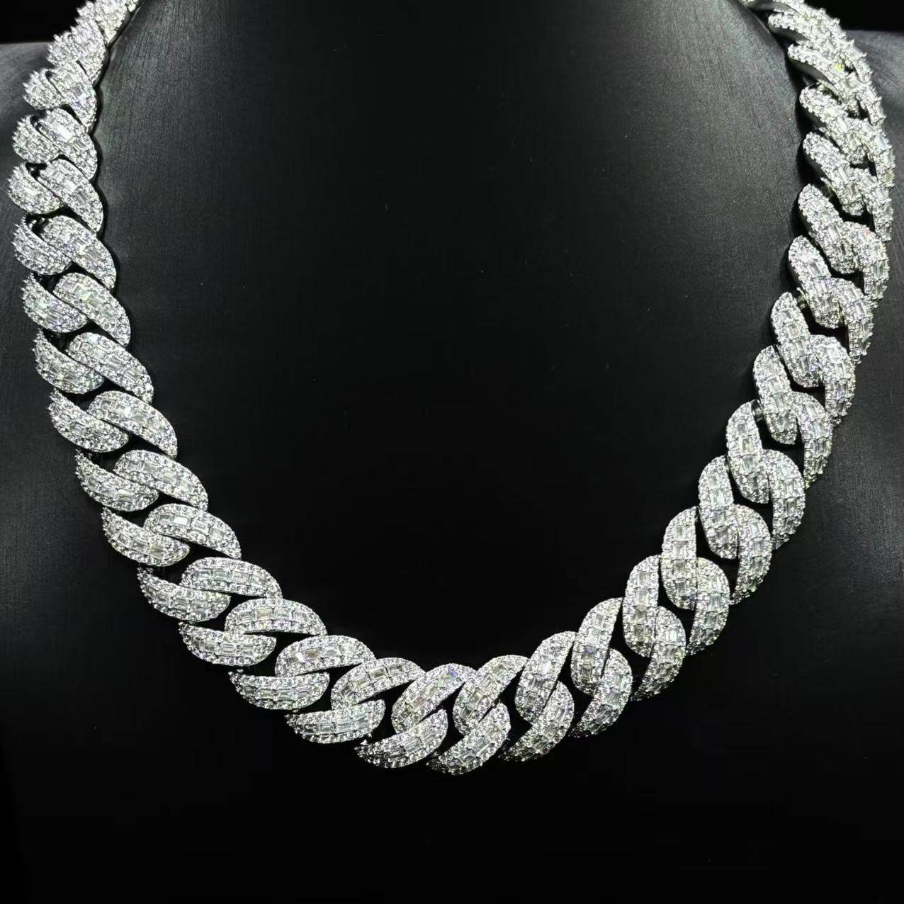 Mr.Blingggggg European and American hip-hop jewelry 20mm full diamond mixed inlay baguette diamond rap Cuban chain