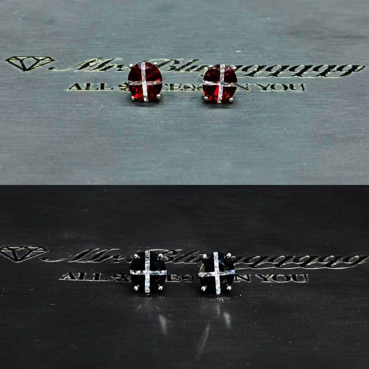 Mr.Blingggggg European and American hip-hop jewelry S925 silver inlaid oval-shaped trendy black and white two-color diamond earrings