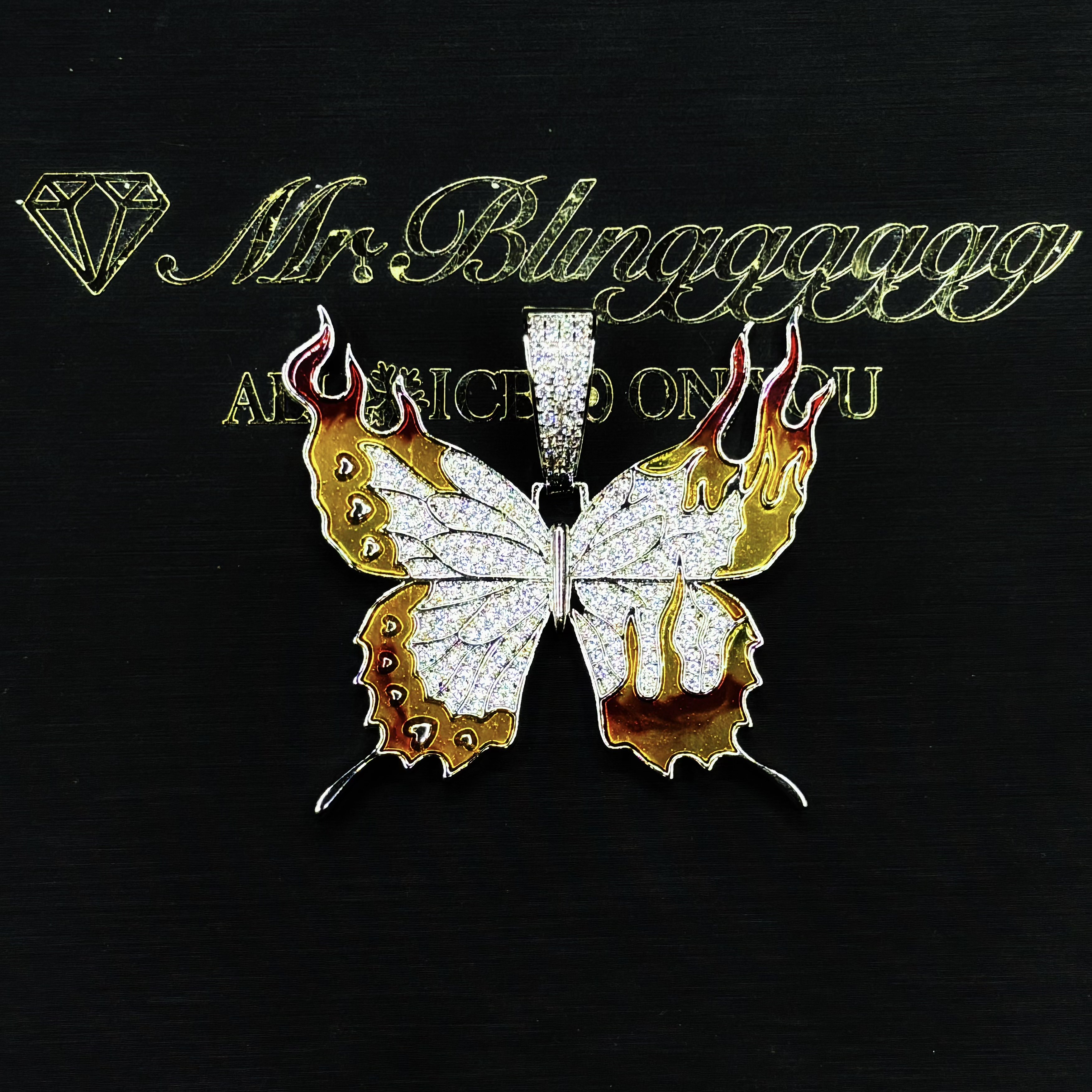 Mr.Blingggggg European and American hip-hop jewelry, diamond-set and enamel gradient flame butterfly couple pendant