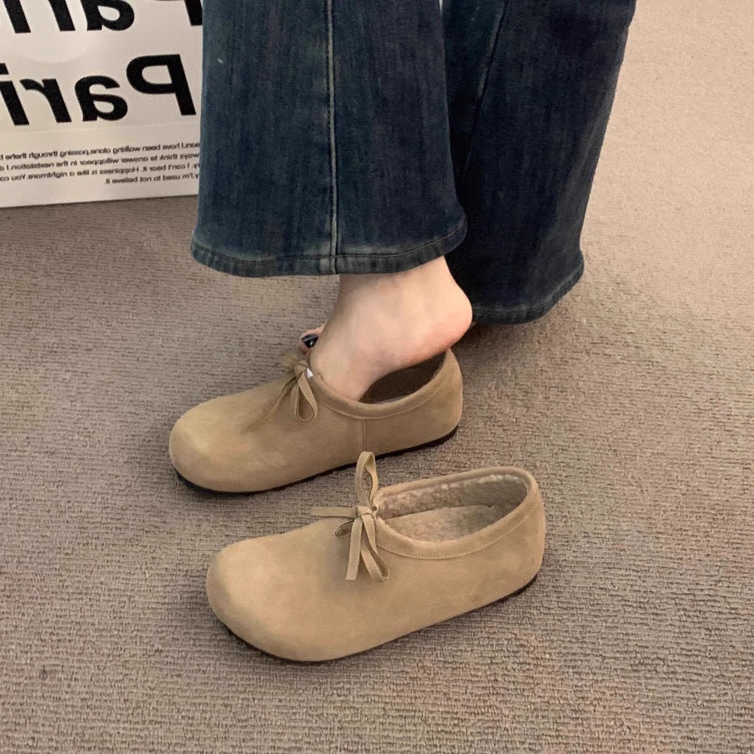 晚晚风平底豹纹加绒勃肯鞋女2025冬季新款一脚蹬丑萌深口豆豆棉鞋,淘宝优惠券,粉丝福利购,淘宝优惠卷