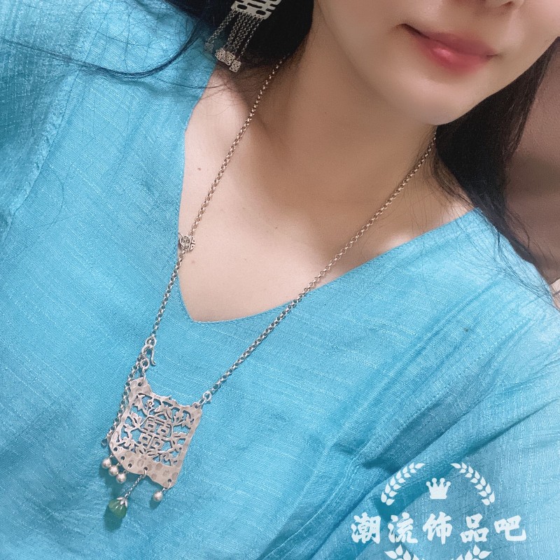 纯银 喜字吊坠复古时尚可调节毛衣链足银流苏喜事连连百搭项链 990 纯银 喜字吊坠复古时尚可调节毛衣链足银流苏喜事连连百搭项链 990