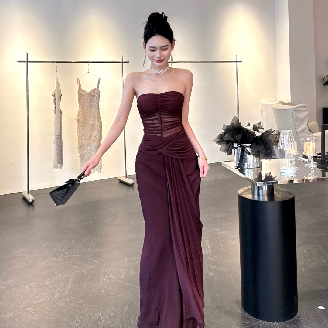 【JINGGUO轻奢】小众设计感抹胸收腰褶皱飘带性感礼服连衣裙7299a,淘宝优惠券,粉丝福利购,淘宝优惠卷