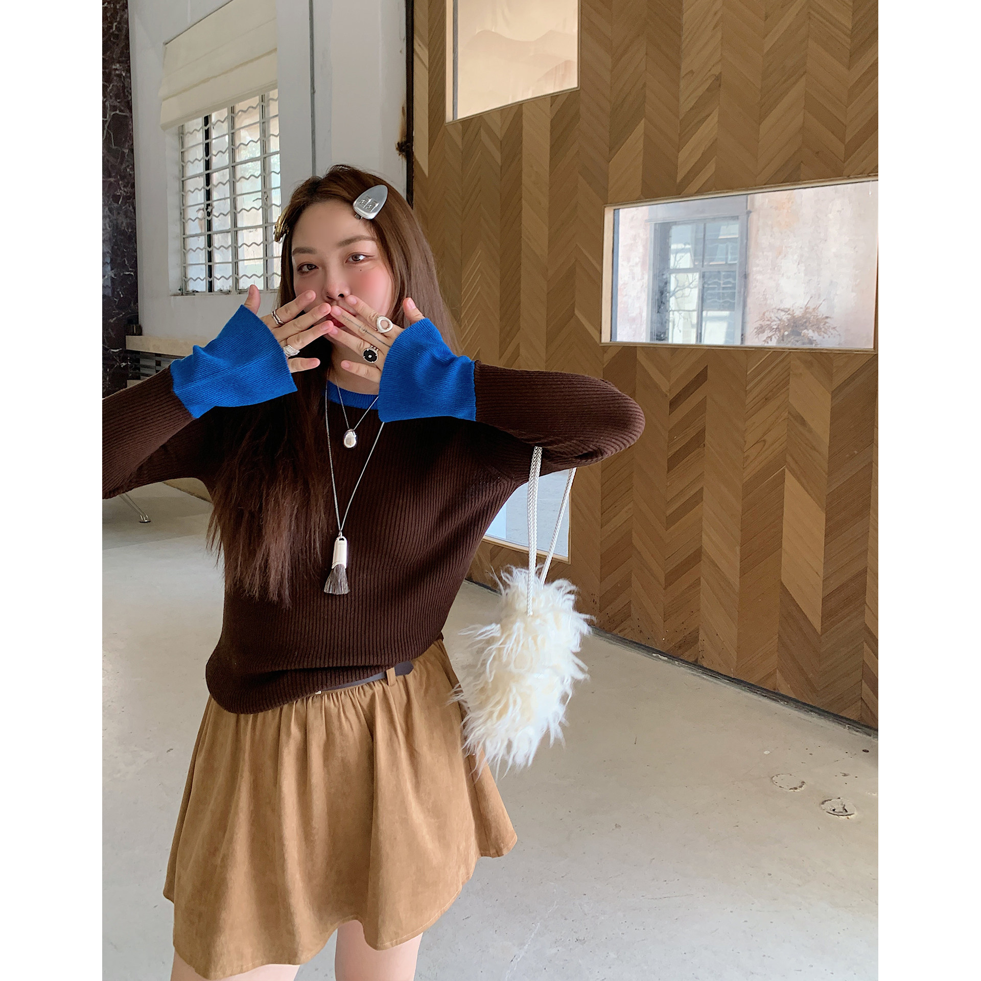 Dazi金大支撞色针织衫女打底衫2025新款秋冬季胖mm大码洋气上衣