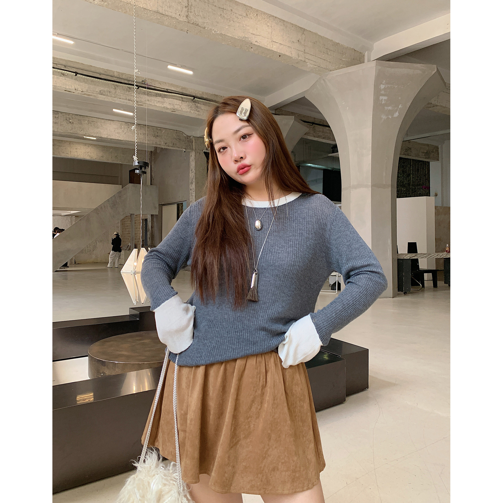 Dazi金大支撞色针织衫女打底衫2025新款秋冬季胖mm大码洋气上衣