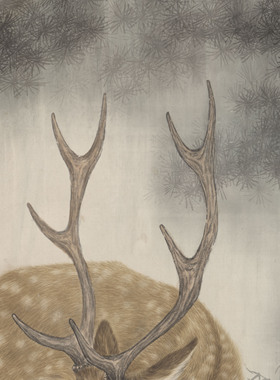 1:1现代  高文刚 双鹿图水墨画国画装饰画挂画高清喷绘复制临摹