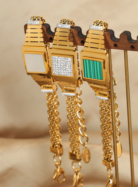 潮男男款手表造型手链镶白贝壳锆石编织链条钛钢镀金链子小众饰品