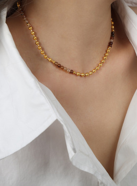 新中式混搭天然石圆珠串珠手工项链钛钢18k金西太后百搭气质饰品