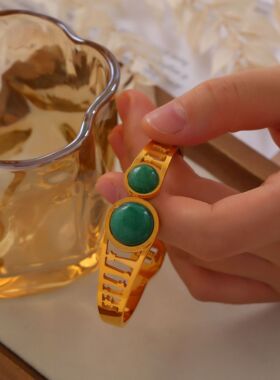 韩版天河石罗马钛钢环保材质镀18真金开口弹簧手镯女保色现货