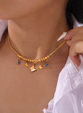 波西米亚风蓝色松石吊坠钛钢镀金项链百搭蝴蝶几何圆珠配饰锁骨链