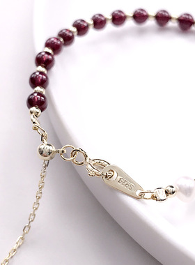 通体s925纯银天然石榴石手链女韩版珍珠简约清新学生个性森系闺蜜