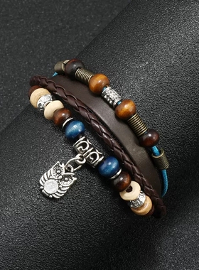 新品欧美复古风手工编织手镯时尚简约情侣款钥匙锁皮质手链