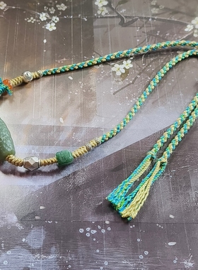 天然和田且末蓝锤纹桶珠手工棉线编织足银项链可调节新中式百搭