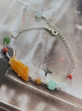 天然A货翡翠冰黄翡金鱼手牌手工编织925银饰手链新中式女款百搭