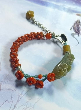 天然A货缅料翡翠寿黄色九尾狐手牌南红花米珠编织手链925银可调节