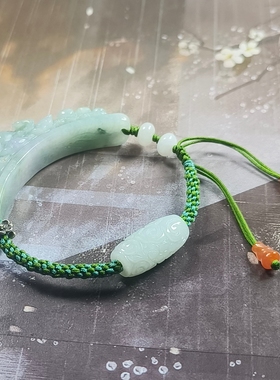 天然A货翡翠缅料雕刻牡丹花手牌编织回纹桶珠手链新中式国风饰品