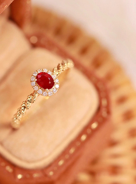 S925纯银复古法式鸽血红锆石戒指