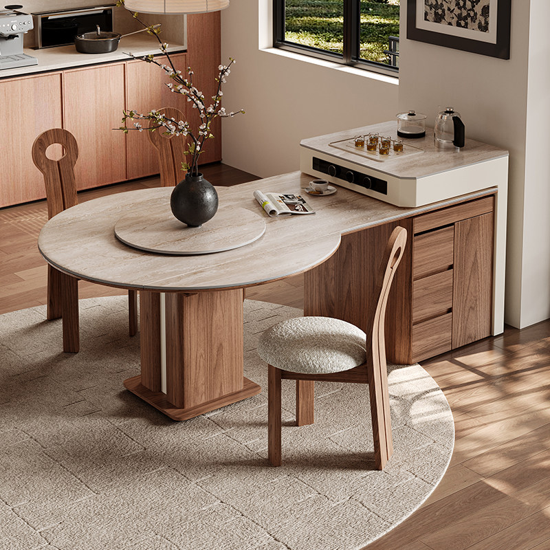 洞石岩板岛台餐桌一体可伸缩变圆桌开放式厨房方圆两用中古风导台,淘宝优惠券,粉丝福利购,淘宝优惠卷