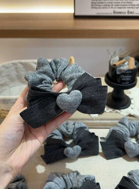 韩系灰色爱心蝴蝶结发圈女早秋针织百搭扎马尾丸子头发饰发圈