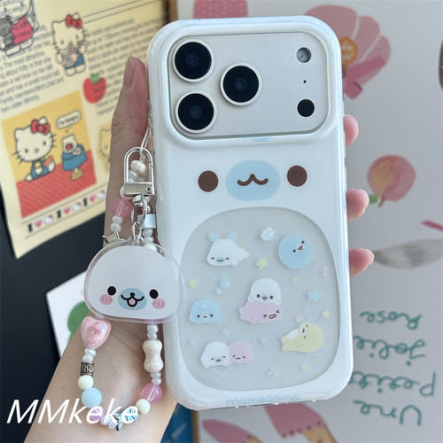 MMkeke日系古早感萌物ins风可爱大肚子镂空豆芝麻小海豹适用苹果16promax双层手机壳iPhone15pm保护套14新13 - 图0