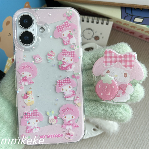 MMKEKE日系甜妹草莓美乐蒂旋转支架piano小羊挂件适用iphone17promax双层imd手机壳苹果16pro保护套15pm萌14 - 图0