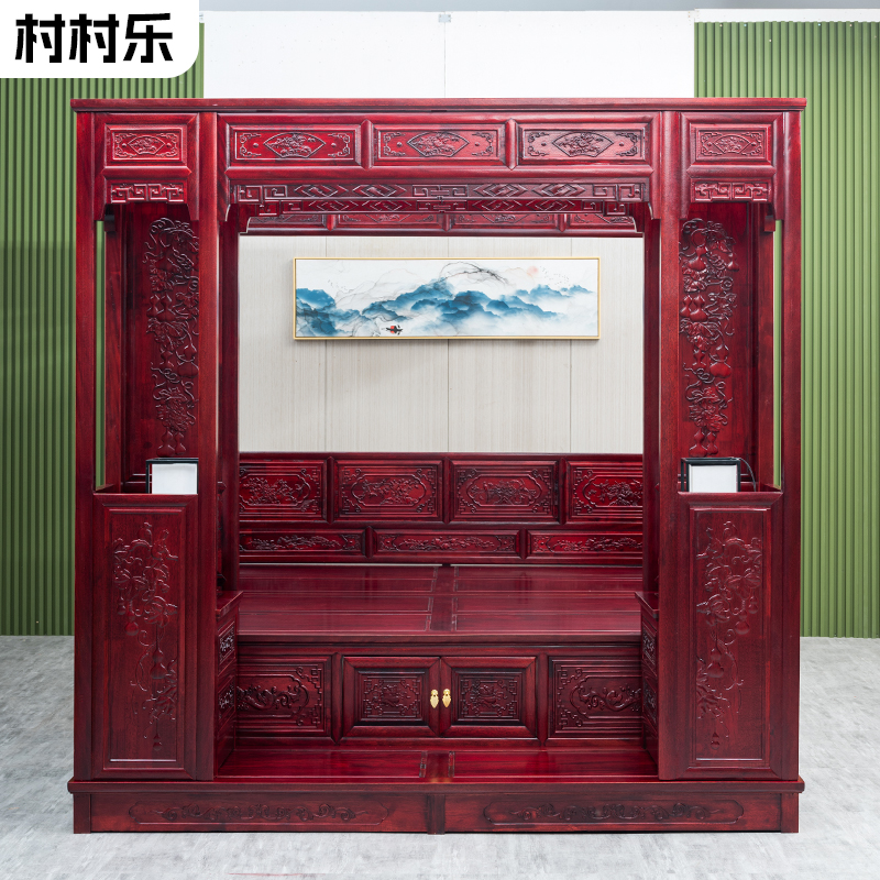 红花梨踏步床老榆木明清复仿古代古典床实木雕中式单双月洞架子床 - 图2