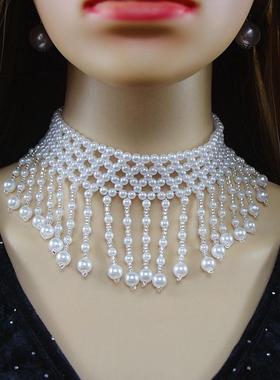 仿珍珠项链女多层流苏锁骨链项圈