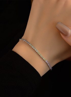 跨境单排满钻伸缩手链女可调节S925纯银轻奢高级微镶锆石彩虹手环