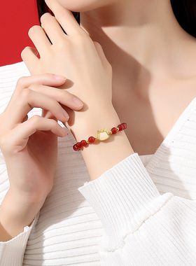 原创红玛瑙吉祥萌马手链女S925纯银国潮复古轻奢生肖马本命年手饰