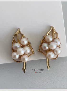镂空金叶珍珠耳夹 予美人vintage
