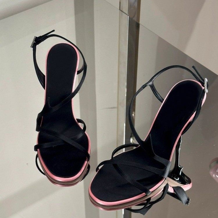 黑色细跟高跟鞋2026新款夏露趾一字带缎面拼色气质百搭约会凉鞋女,淘宝优惠券,粉丝福利购,淘宝优惠卷