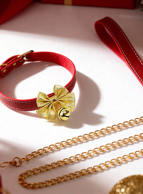 圣诞红蝴蝶结铃铛皮革牵引项链