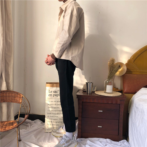 okk/两件一体高领韩港味假两件衬衫简约拼接撞色OV宽松男长袖衬衣 - 图0