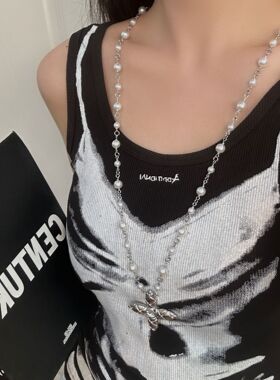 y2k甜酷风大号十字星芒吊坠珍珠项链女轻奢高级感小众长款毛衣链