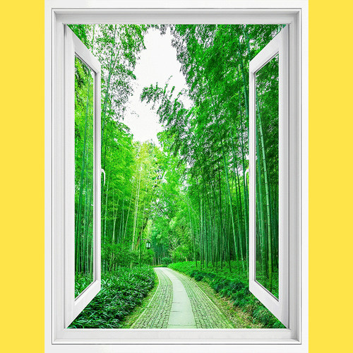 竖款3D仿真假窗户自粘贴纸防水墙贴画装饰森林风景竹林瀑布墙壁纸 - 图1