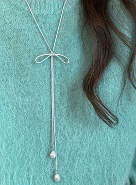 天然巴洛克珍珠毛衣链蝴蝶结项链