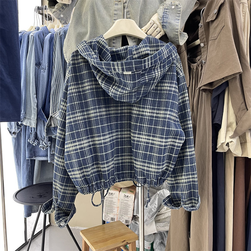 韩版复古苏格兰格纹连帽牛仔外套女秋季新款宽松显瘦抽绳短款上衣,淘宝优惠券,粉丝福利购,淘宝优惠卷