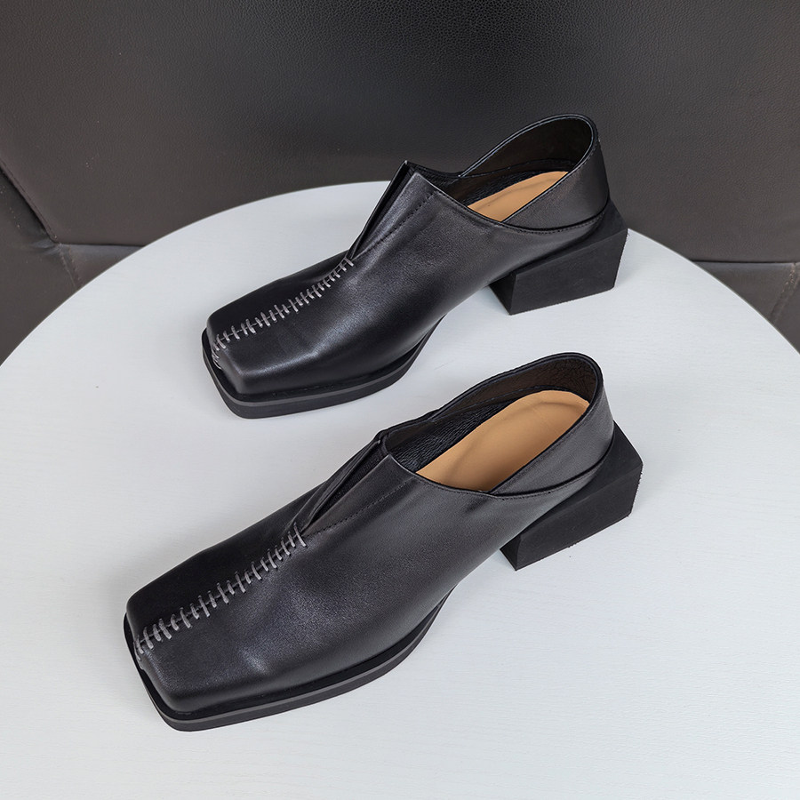 原创设计方头缝线单鞋女暗黑复古方头皮鞋手工缝线真皮方跟乐福鞋,淘宝优惠券,粉丝福利购,淘宝优惠卷