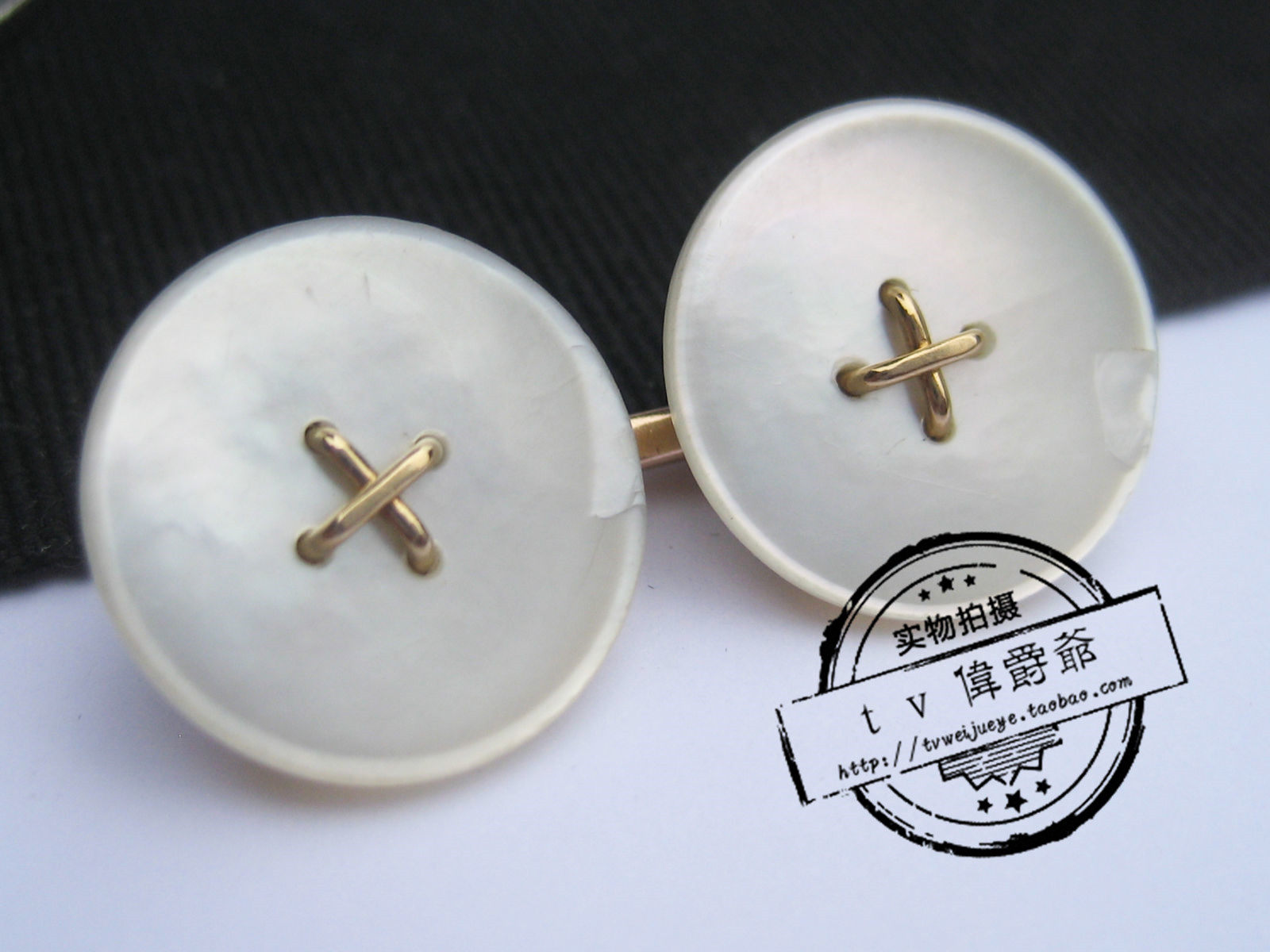 代购 古董爱德华七世时期艺术装饰14k黄金袖扣男士衬衫珍珠母纽扣